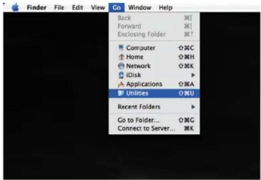 Finder File Edit View Go Window Help Back ⌘[ Forward ⌘] Enclosing Folder ⌘↑ Computer ⌘C Home ⌘H Network ⌘K iDisk Applications ⌘A Utilities ⌘U Recent Folders Go to Folder... ⌘G Connect to Server... ⌘K