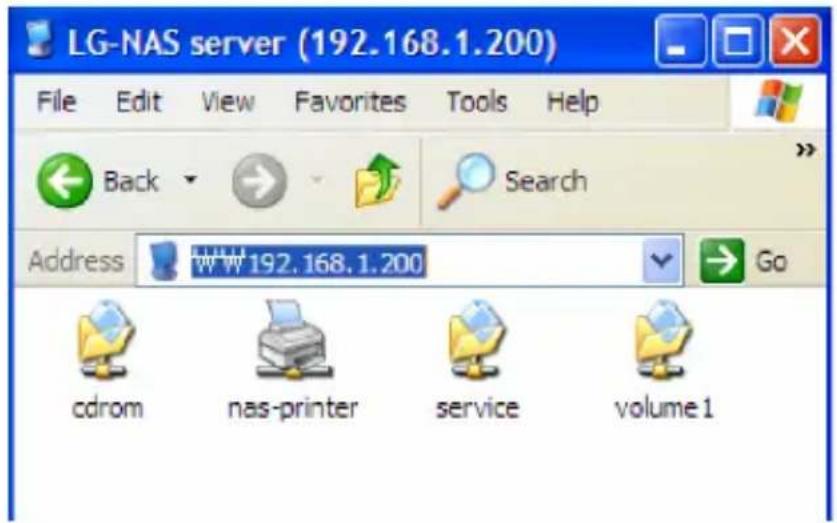 LG-NAS server (192.168.1.200) File Edit View Favorites Tools Help Back Search Address www192.168.1.200 Go cdrom nas-printer service volume 1