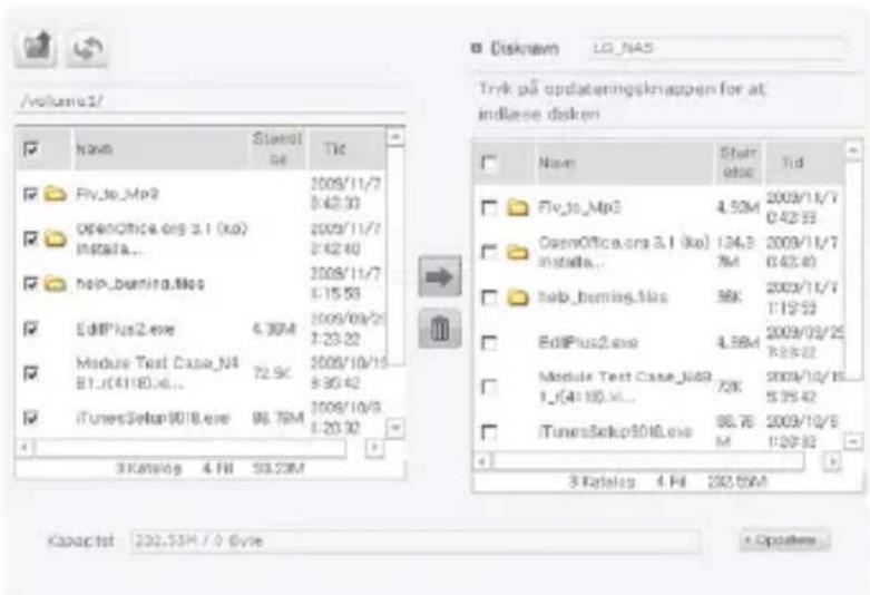/volume1/ NanM Standl 04 Tlc FV_to_Mp2 2009/11/7 1:42.30 OpenOffice.org 3.1 (ko) Instala... 2009/11/7 1:42.40 help_burning.mlo 2008/11/7 1:15.53 EditPlus2.exe 4.36M 2009/09/25 1:23.22 Modure Test Case_N4 81_r(41180.x)... 72.5C 2008/10/15 8:30.42 iTunesSetup9018.exe 86.75M 2008/10/9 1:20.30 3 Katalog 4 Fil 53.25M Disknam LG_NAS Tryk på oppdateringsknappen for at: indlase disken Name Stell obsie Tid FV_to_Mp2 4.52M 2009/11/7 0:42.33 OpenOffice.org 3.1 (ko) Instala... 76M 2009/11/7 0:42.40 help_burning.mlo 96K 2009/11/7 1:15.53 EditPlus2.exe 4.58M 2009/09/25 7:25.22 Module Test Case_N49 1_r(41180.x)... 72K 2009/10/15 5:35.42 iTunesSetup9018.exe 86.75M 2009/10/8 1:20.32 3 Katalog 4 Fil 232.55M Kapacitot 232.55M / 0 Byte Updates