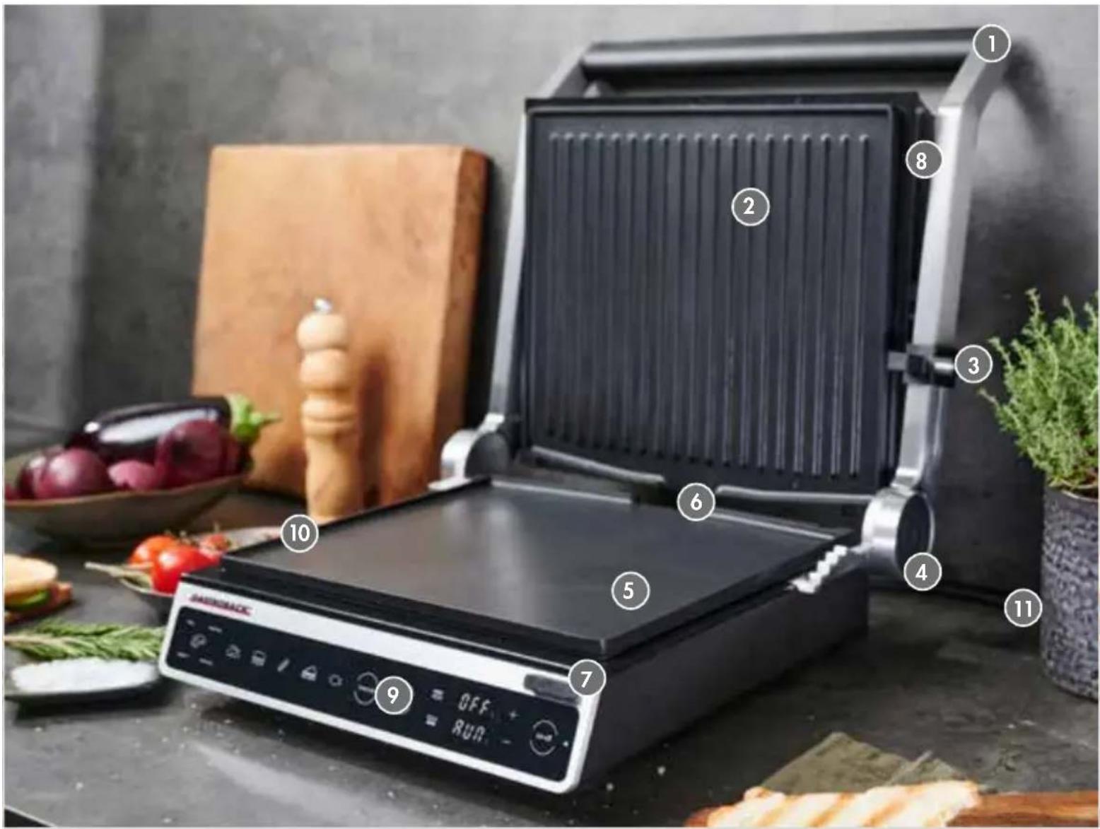 Labeled photo of a modern sandwich grating with numbered interior components and food items on the table.