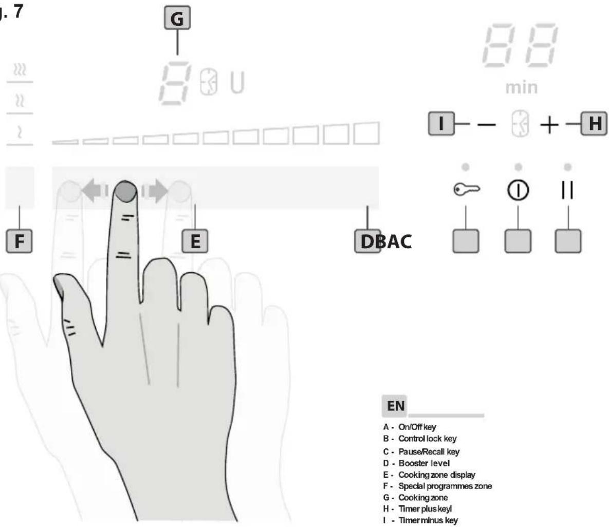 7 G 88 min I - - + - H DBAC F E EN A - On/Off key B - Control lock key C - Pause/Recall key D - Booster level E - Cooking zone display F - Special programmes zone G - Cooking zone H - Timer plus keyl I - Timer minus key