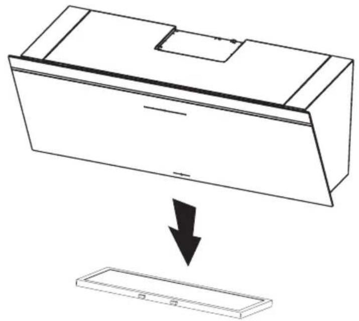 Diagram showing a 3D rectangular box being dropped into a rectangular tray, with no text or symbols present.