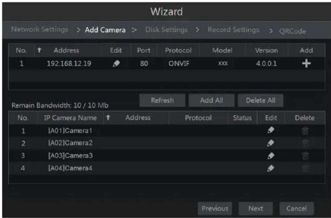 Wizard Network Settings > Add Camera > Disk Settings > Record Settings > QRCode No. ↑ Address Edit Port Protocol Model Version Add 1 192.168.12.19 80 ONVIF xxx 4.0.0.1 + Remain Bandwidth: 10 / 10 Mb Refresh Add All Delete All No. IP Camera Name ↑ Address Protocol Status Edit Delete 1 [A01]Camera1 2 [A02]Camera2 3 [A03]Camera3 4 [A04]Camera4 Previous Next Cancel