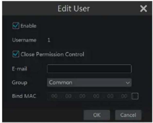 Edit User Enable Username 1 Close Permission Control E-mail Group Common Bind MAC 00 . 00 . 00 00 . 00 00 OK Cancel