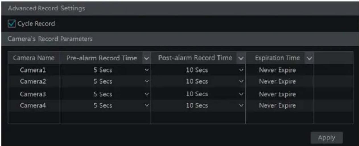 Advanced Record Settings ✓ Cycle Record Camera's Record Parameters Camera Name Pre-alarm Record Time Post-alarm Record Time Expiration Time Camera1 5 Secs 10 Secs Never Expire Camera2 5 Secs 10 Secs Never Expire Camera3 5 Secs 10 Secs Never Expire Camera4 5 Secs 10 Secs Never Expire Apply