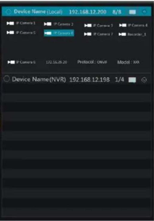 Device Name (Local) 192.168.12.200 8/8 IP Camera 1 IP Camera 2 IP Camera 3 IP Camera 4 IP Camera 5 IP Camera 6 IP Camera 7 Recorder_1 IP Camera 6 172.15.29.20 Protocol: OnVR Model : XXR Device Name(NVR) 192.168.12.198 1/4