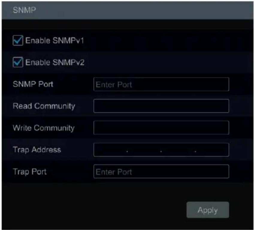 SNMP Enable SNMPv1 Enable SNMPv2 SNMP Port Enter Port Read Community Write Community Trap Address . . . . Trap Port Enter Port Apply