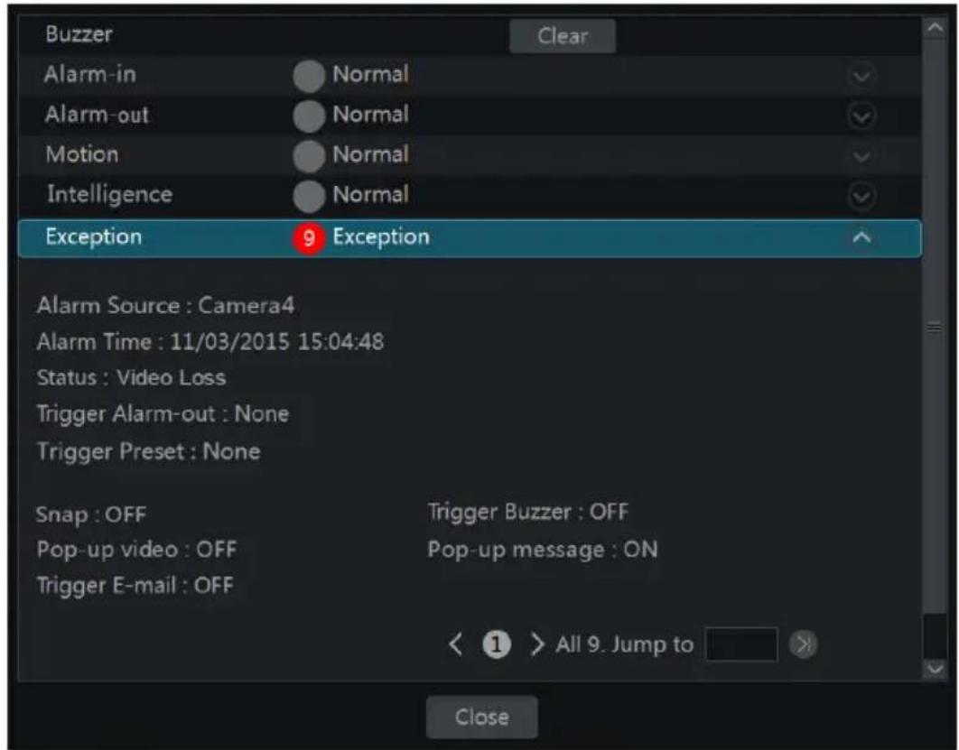 Buzzer Clear Alarm-in Normal Alarm-out Normal Motion Normal Intelligence Normal Exception 9 Exception Alarm Source : Camera4 Alarm Time : 11/03/2015 15:04:48 Status : Video Loss Trigger Alarm-out : None Trigger Preset : None Snap : OFF Trigger Buzzer : OFF Pop-up video : OFF Pop-up message : ON Trigger E-mail : OFF < ① > All 9. Jump to > Close