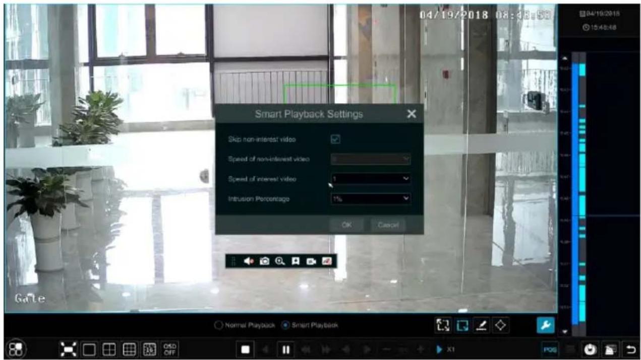 04/19/2018 08:48:58 Smart Playback Settings Skip non-interest video Speed of non-interest video Speed of interest video Intrusion Percentage 1% OK Cancel Normal Playback Smart Playback OSD OFF X1 POS