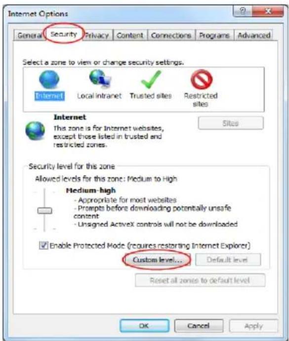 Internet Options General Security Privacy Content Connections Programs Advanced Select a zone to view or change security settings. Internet Local Intranet Trusted sites Restricted sites Internet This zone is for Internet websites, except those listed in trusted and restricted zones. Security level for this zone Allowed levels for this zone: Medium to High Medium-high - Appropriate for most websites - Prompts before downloading potentially unsafe content - Unsigned ActiveX controls will not be downloaded Enable Protected Mode (requires restarting Internet Explorer) Custom level... Default level Reset all zones to default level OK Cancel Apply