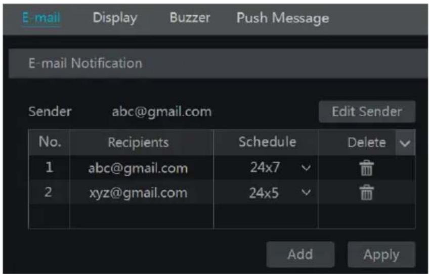 E-mail Display Buzzer Push Message E-mail Notification Sender abc@gmail.com Edit Sender No. Recipients Schedule Delete 1 abc@gmail.com 24x7 2 xyz@gmail.com 24x5 Add Apply