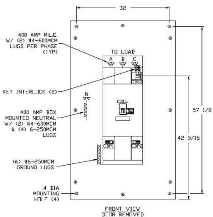 400 AMP MLO. W/ (2) #4-600MCM LUGS PER PHASE (TYP) TO LOAD A B C CBSE KEY INTERLOCK (2) N 400 AMP BOX MOUNTED NEUTRAL W/ (2) #4-600MCM & (4) 6-250MCM LUGS CBOL CBP1 CBP2 (6) #6-250MCM GROUND LUGS .4 DIA MOUNTING HOLE (4) 32 57 1/8 42 5/16 FRONT VIEW DOOR REMOVED