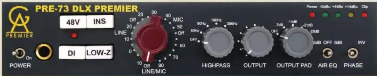 PRE-73 DLX PREMIER 48V INS PREMIER DI LOW-Z On POWER Off 20 30 40 Off 20 50 Off 10 60 Off 10 80 70 MIC 50Hz Off 80Hz LINE/MIC HIGHPASS OUTPUT OUTPUT PAD AIR EQ PHASE Power -10dBu +4dBu +14dBu Clip 80Hz 160Hz 300Hz -7dB -14dB -21dB -26dB 3dB OFF 6dB INV