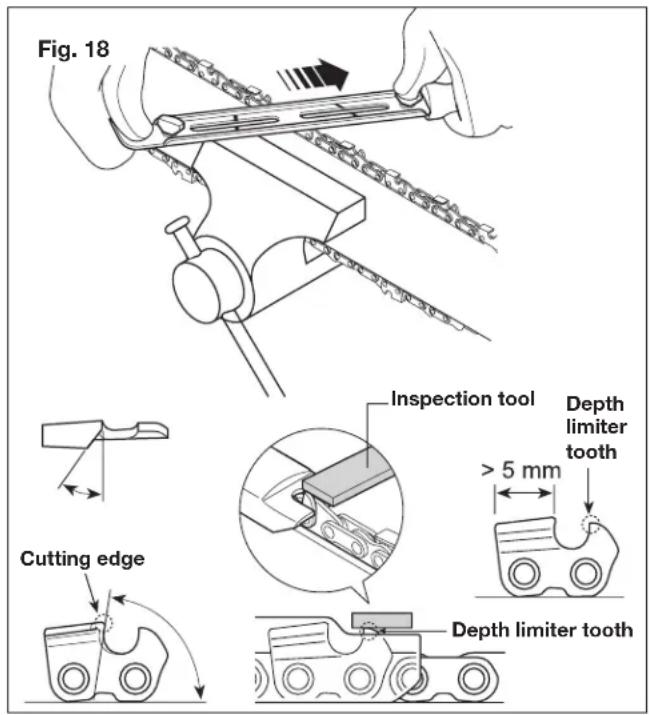Fig. 18 Inspection tool Depth limiter tooth > 5 mm Cutting edge Depth limiter tooth