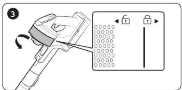 Diagram showing a device being locked with a lock, labeled with step number 3 and directional arrows.