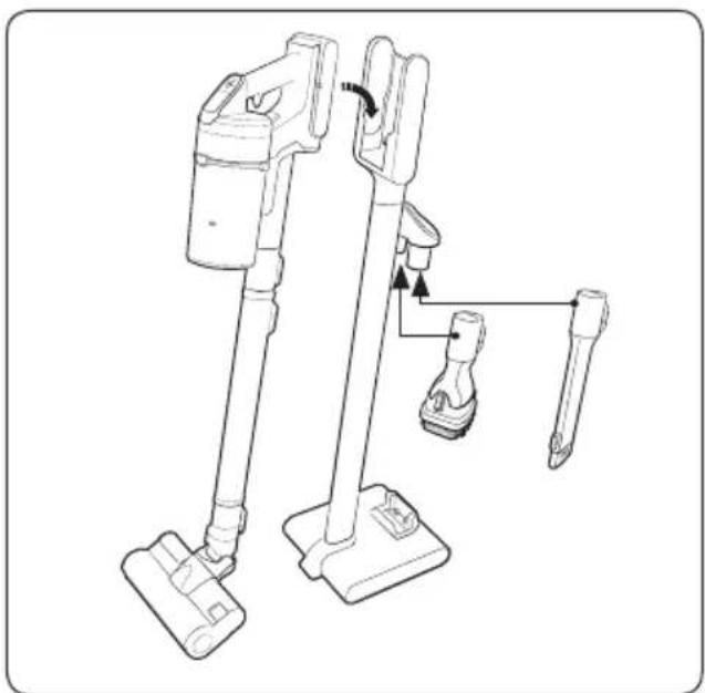 Line drawing of a three-legged vacuum cleaner with attached screwdriver and lever mechanism (no text or symbols).