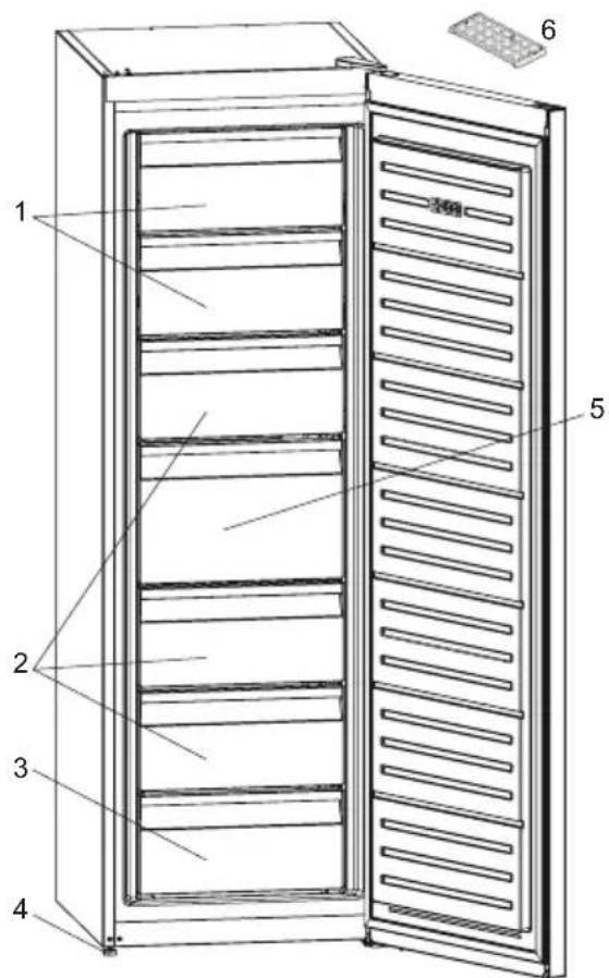 Technical diagram of a refrigerator with numbered components and labeled parts
