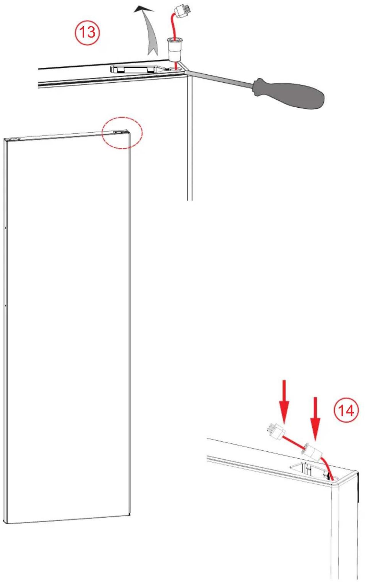 Diagram showing a device with labeled parts and red arrows indicating connection to a component, including numbered callouts (13 and 14).