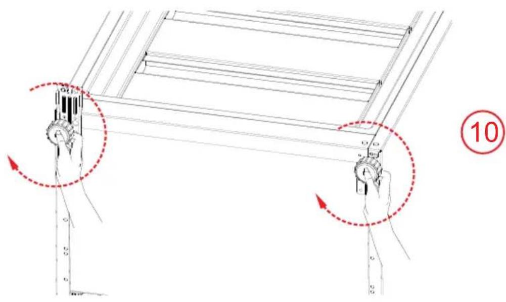 Technical diagram showing mechanical assembly with labeled components and red dashed arrows indicating motion or force directions.
