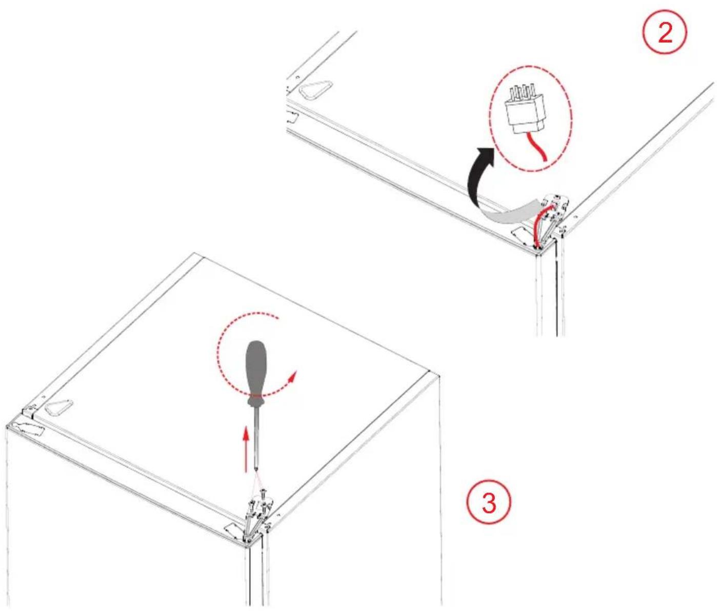 Technical diagram illustrating a screwdriver installation process with labeled steps 2 and 3, showing tool path and component placement.