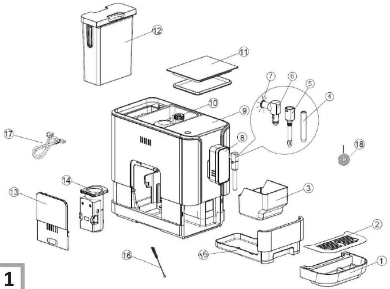 Exploded view diagram of a device with numbered parts for identification and assembly reference.