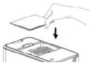 Line drawing showing a hand inserting a card into a smartphone with a grid pattern (no text or symbols)