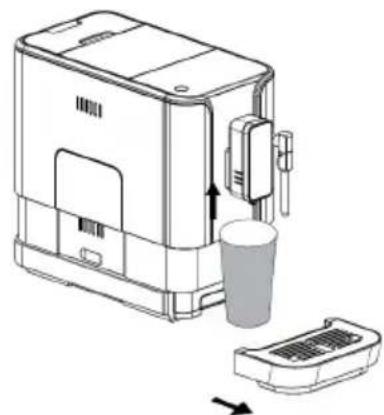 Line drawing of a coffee maker with a cup and side drawer, showing mechanical components without any text or symbols.