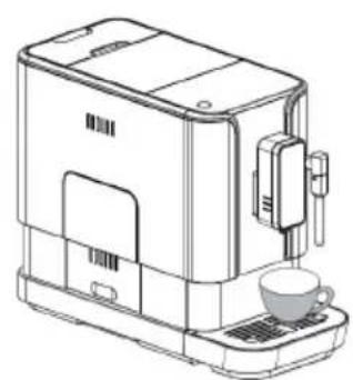 Line drawing of a modern coffee maker with a cup on the base (no text or symbols)
