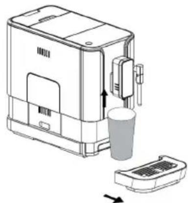 Line drawing of a coffee maker with a cup and lid, showing a step-down view (no text or symbols)