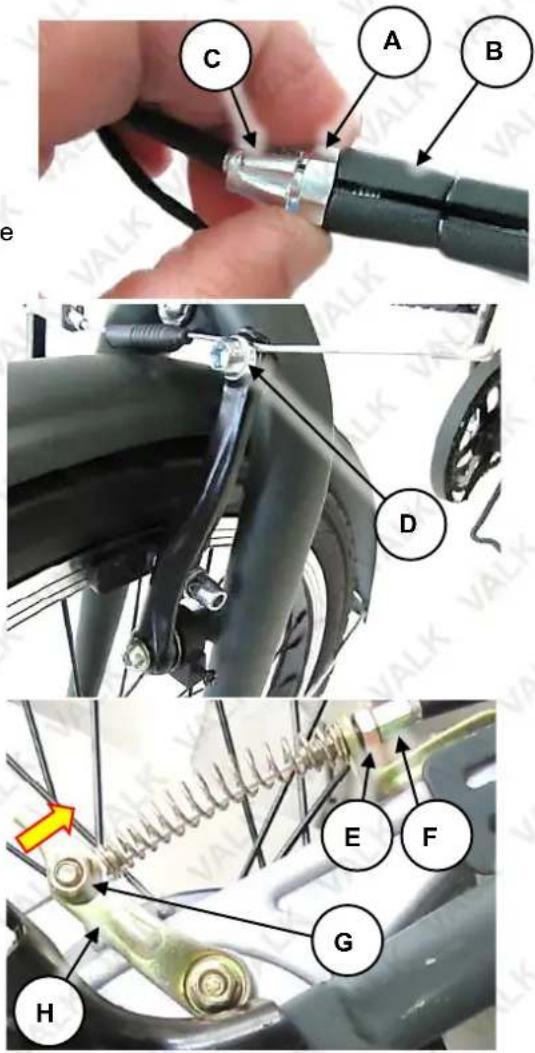 Technical diagram showing bicycle component assembly with labeled parts A through H, including a hand holding a cable and a spring mechanism.