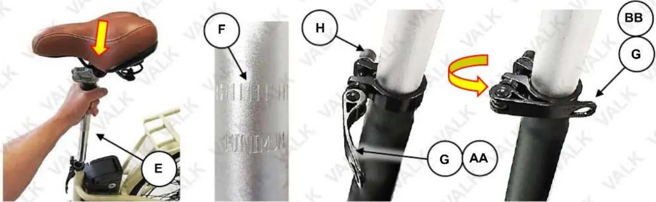 Technical diagram showing bicycle seat mounting mechanisms with labeled components (E, F, H, G, AA) and a hand using a switch.