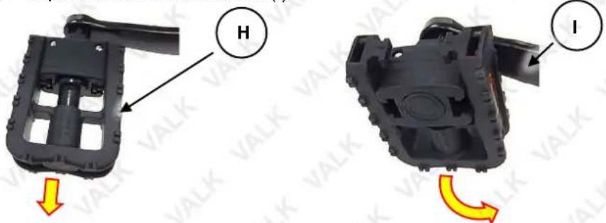 Two views of a black plastic mechanical component with labeled parts (H and I), showing internal structure and motion arrows (no text or symbols beyond labels)