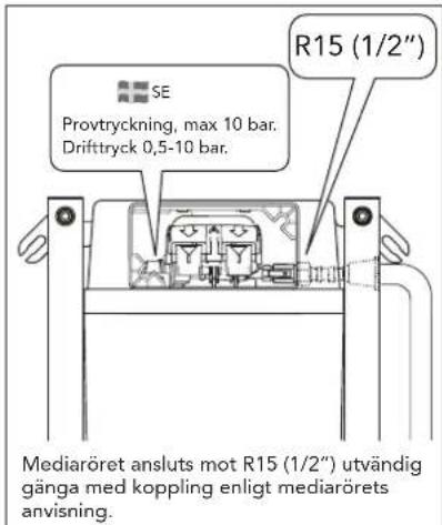 SE Provtryckning, max 10 bar. Drifttryck 0,5-10 bar. R15 (1/2") Mediaröret ansluts mot R15 (1/2") utvändig gänga med koppling enligt mediarörets anvisning.