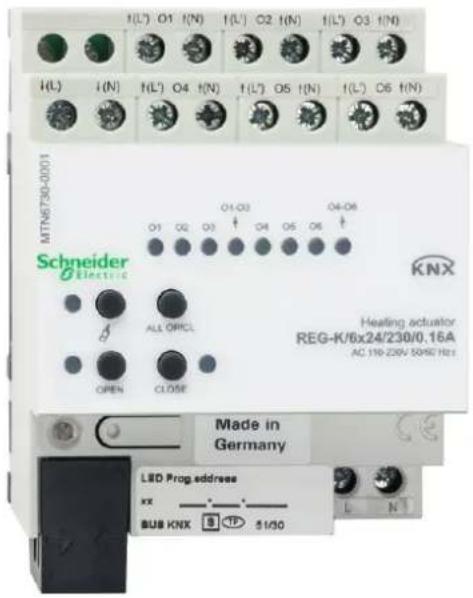 MTN6730-0001 Schneider Electric O1 O2 O3 O4 O5 O6 ALL ORICL OPEN CLOSE O1-O3 O4-O6 KNX Heating actuator REG-K/6x24/230/0.16A AC 110-230V SDRS H2x Made in Germany LBD Prog. address xx - BUB KNX B TIP 51/30