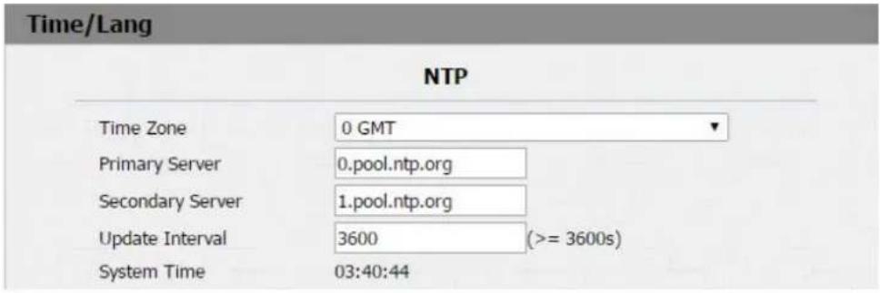 Time/Lang NTP Time Zone 0 GMT Primary Server 0.pool.ntp.org Secondary Server 1.pool.ntp.org Update Interval 3600 (>= 3600s) System Time 03:40:44