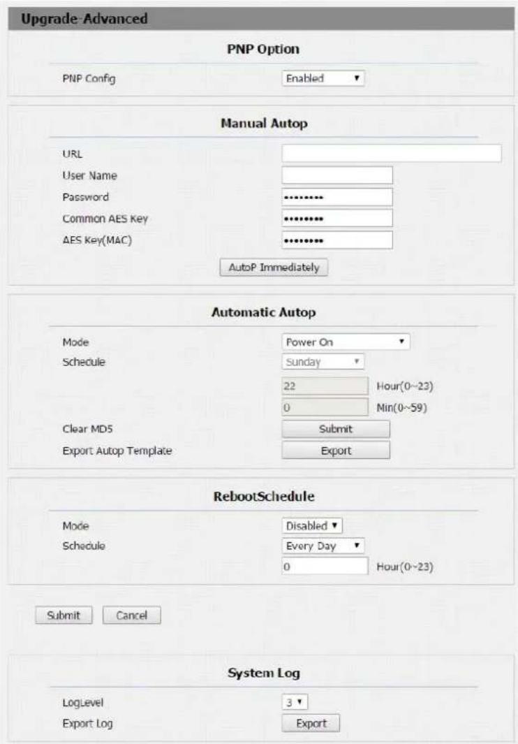 Upgrade-Advanced PNP Option PNP Config Enabled Manual Autop URL User Name Password Common AES Key AES Key(MAC) AutoP Immediately Automatic Autop Mode Power On Schedule Sunday 22 Hour(0~23) 0 Min(0~59) Clear MD5 Submit Export Autop Template Export RebootSchedule Mode Disabled Schedule Every Day 0 Hou…