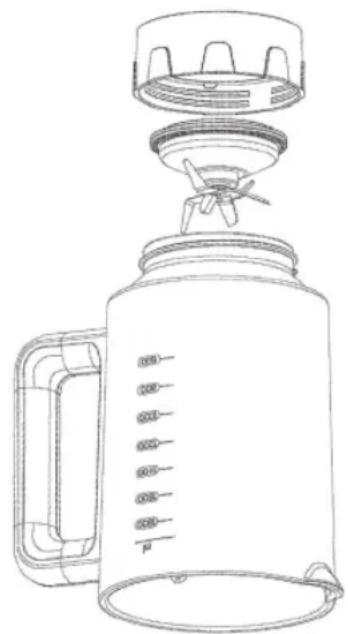 Line drawing of a blender with handle and lid, showing internal structure (no text or symbols)