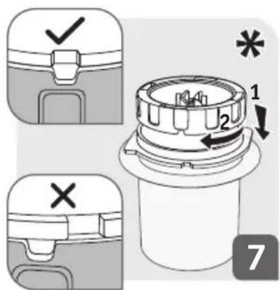 Diagram showing three steps of a device component with check and cross icons, labeled 1 and 2, and number 7.