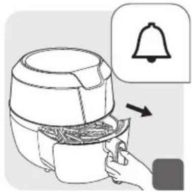 Line drawing of an air fryer being placed with a hand holding a bag, showing food inside and a bell icon (no text or symbols)