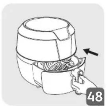 Line drawing of an air fryer being inserted into a container, with a hand holding the lid and a black arrow indicating motion (no text or symbols)