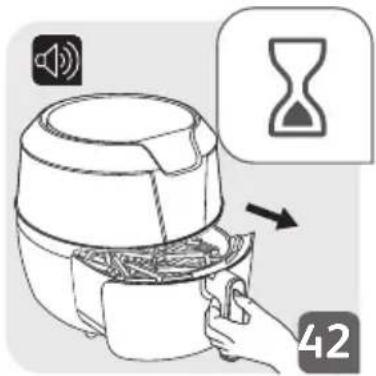 Illustration showing a hand holding an air fryer with sound icons and an hourglass icon, labeled '42' in corner.