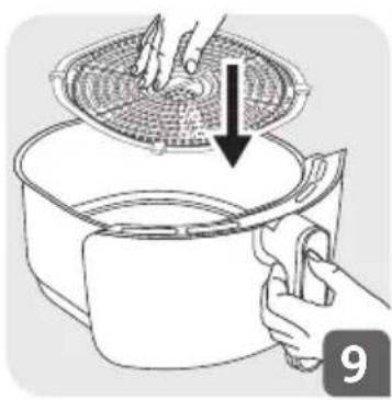 Illustration of a hand holding a large bowl with a mesh lid and a downward arrow indicating a drop (no text or symbols)