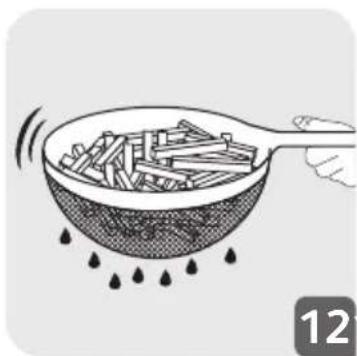 Illustration of a hand stirring a dish in a pan with droplets, no text or symbols present