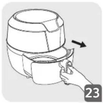 Line drawing of a cooking pot with a hand holding a cup and an arrow indicating rotation (no text or symbols)