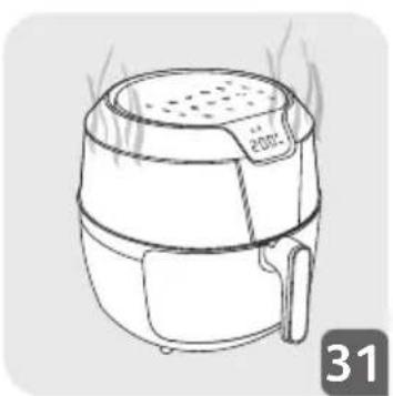 Line drawing of a cooking air fryer with steam rising (no text or symbols)
