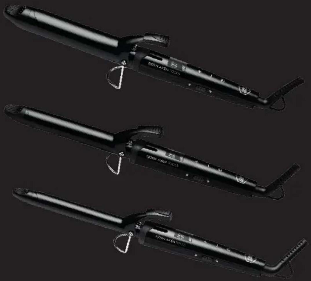 Three black-and-white images of a curling iron with visible branding and metal bands, shown from different angles (no text or symbols on the devices themselves)