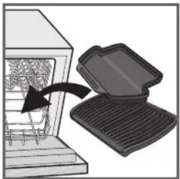 Illustration of a griddle being opened into a stove, with a magnified view showing the interior (no text or symbols)