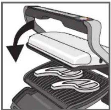 Diagram of a hair iron pressing down on a grater with a curved arrow indicating rotation (no text or symbols present)