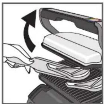 Illustration of a hand holding a tool interacting with a device (no text or symbols visible)