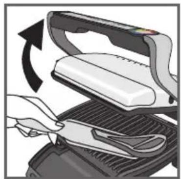 Illustration of a hand using a power iron to press down a grater (no text or symbols visible)